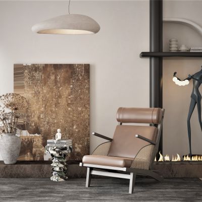 侘寂风格单椅边几，装饰画