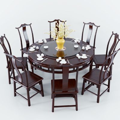 中式实木圆形餐桌椅组合