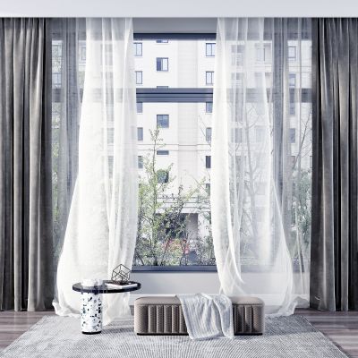 现代窗帘纱帘换鞋凳组合