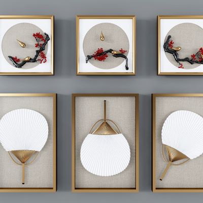 新中式树枝扇子装饰画挂画立体画
