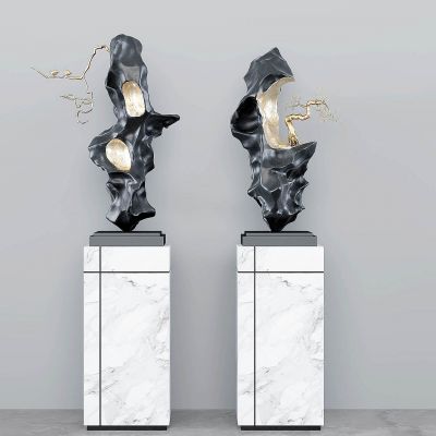 新中式石头松树雕塑顽石雕塑摆件摆台