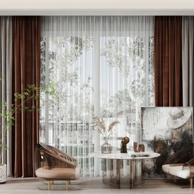 现代单人塑料沙发圆桌盆栽窗帘垂帘沙发挂画