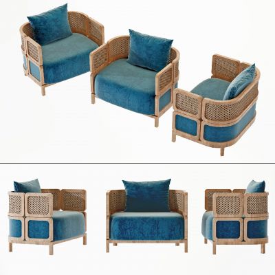 新中式藤编户外休闲单人沙发3D模型