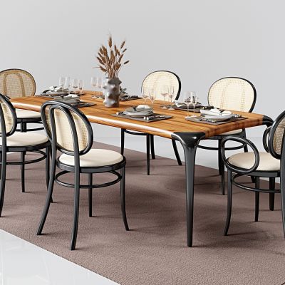 美式乡村户外铁艺原木条形餐桌椅