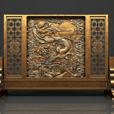 古典中式天女散花祥云云纹雕花屏风隔断