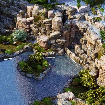 现代公园石头假山水景人造湖园林建筑户外园林景观