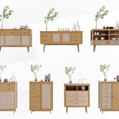 日式藤编编织玄关装饰柜组合