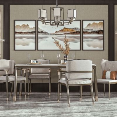 新中式餐厅餐桌椅摆台挂画