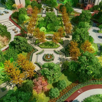现代小区绿化园林景观鸟瞰