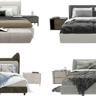 现代双人床 深色双人床 床头柜 床具组合