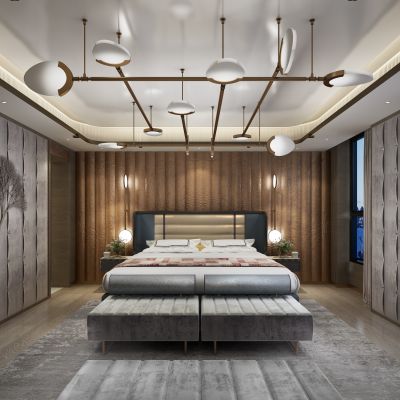 现代卧室，双人床