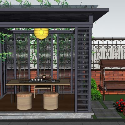 现代庭院 阳光房 花卉 灌木 乔木