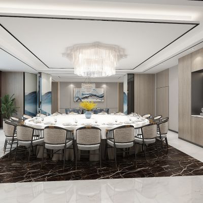 新中式餐厅，包间，包厢，接待室，折叠隔断墙，折叠屏风，餐桌，博古架，茶水柜