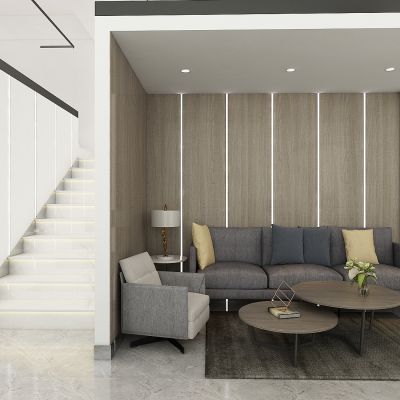 公司休息区，休闲沙发，办公沙发，玻璃隔断，楼梯