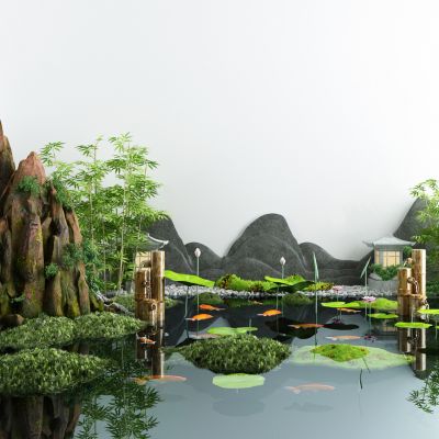 新中式假山水景_鱼池