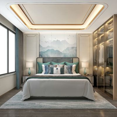 新中式样板间卧室卫生间双人床