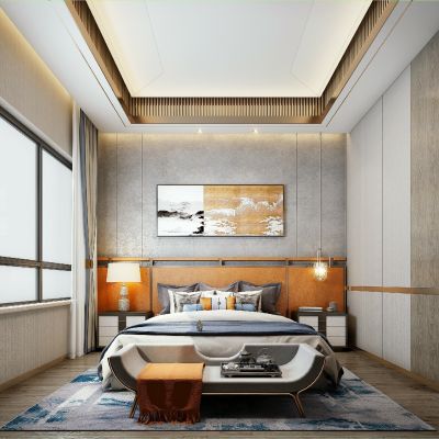 现代样板间卧室双人床床尾凳踏