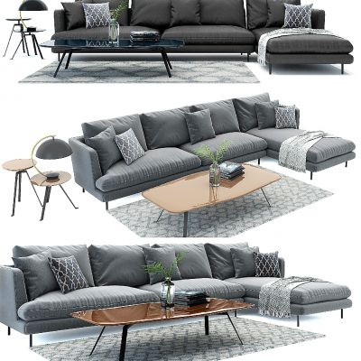 现代布艺转角沙发茶几组合