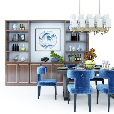 现代中式餐桌椅组合酒柜