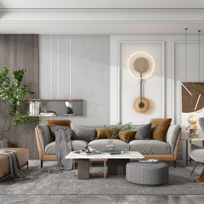 现代轻奢客厅沙发茶几植物盆栽