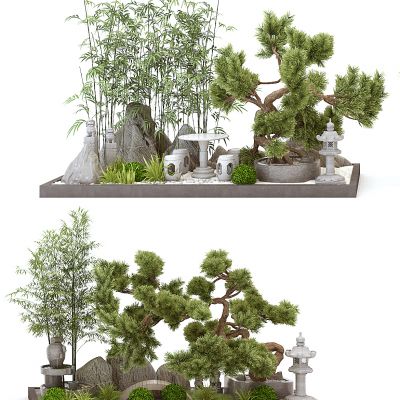 新中式松树翠竹景观小品