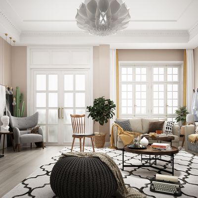 北欧法式客厅沙发茶几休闲椅植物盆栽毛毯挂毯壁炉