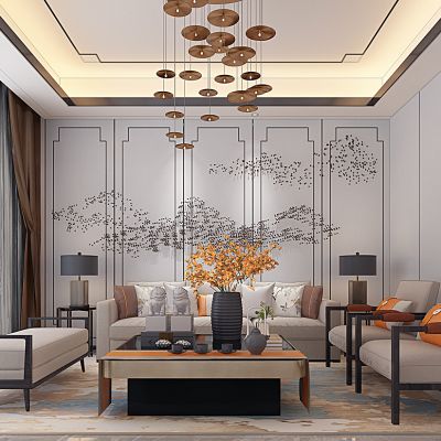 新中式客厅沙发茶几墙饰挂饰