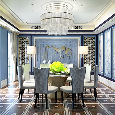 新中式简欧餐厅餐桌椅水晶吸顶灯