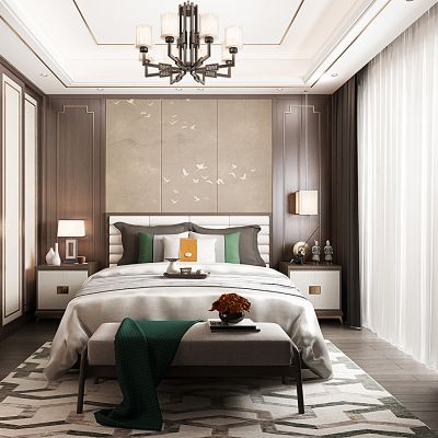 新中式卧室床床头柜吊灯衣柜