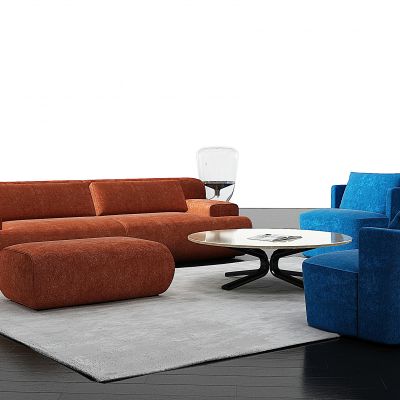 现代橙色绒布沙发组合