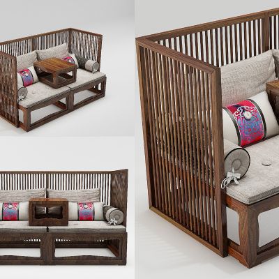 新中式实木罗汉床双人沙发炕桌