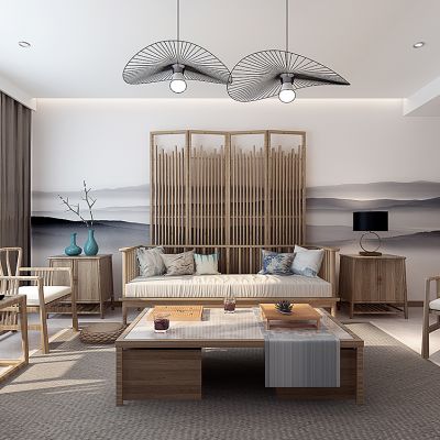 新中式客厅沙发茶几屏风旋转楼梯