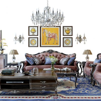 古典欧式法式巴洛克古典雕花沙发组合电视柜挂画