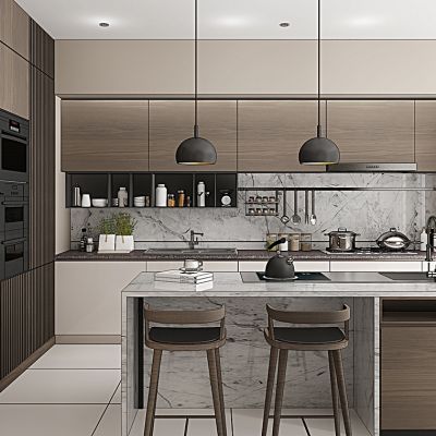 现代餐厅厨房岛台橱柜餐具