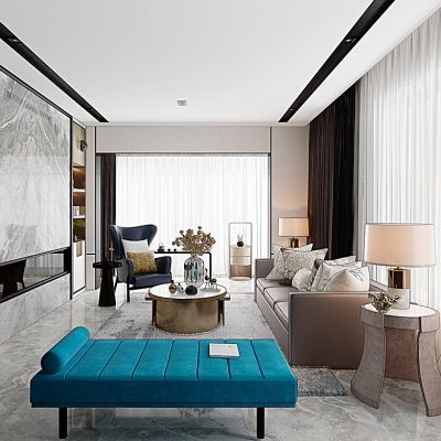 新中式简欧轻奢样板间客厅沙发茶几边柜沙发凳