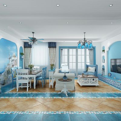 地中海风格客餐厅沙发餐桌椅