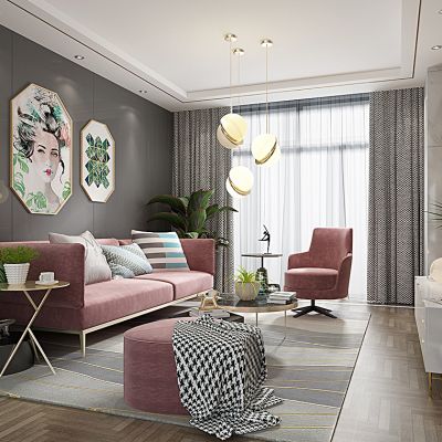 北欧粉色客厅沙发茶几吊灯