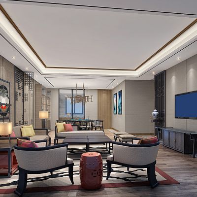 现代中式新中式客厅新中式沙发茶几将军罐