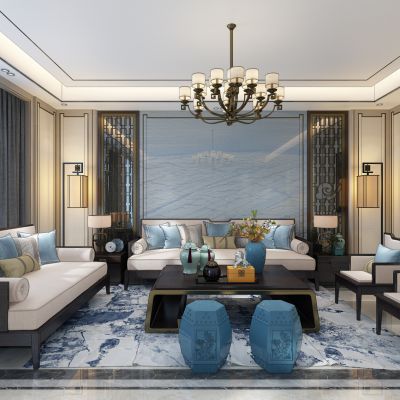 新中式客厅沙发茶几鼓凳