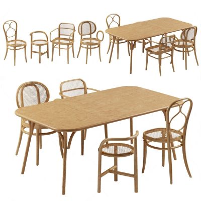 北欧藤编条形餐桌椅