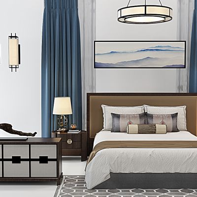 新中式卧室床电视柜整体软装