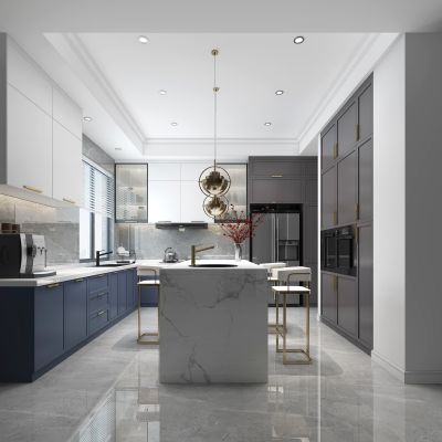 现代简欧式厨房橱柜中岛岛台吧椅