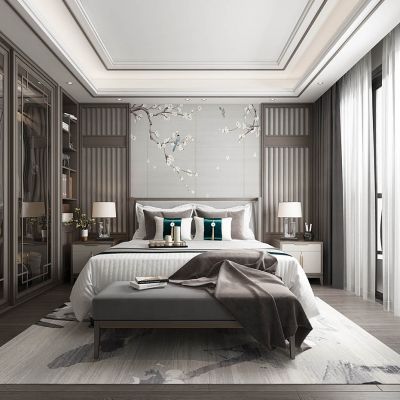 新中式卧室双人床衣柜床头柜台灯