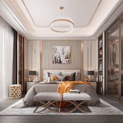 简欧式后现代卧室双人床床头柜床尾凳衣柜靠包