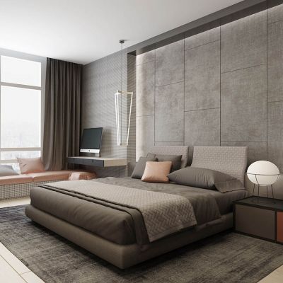 现代卧室双人床台灯休闲椅单椅梳妆台组合