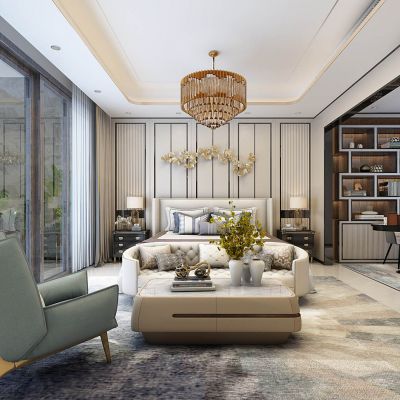 简欧式轻奢卧室双人床床头柜书柜沙发茶几