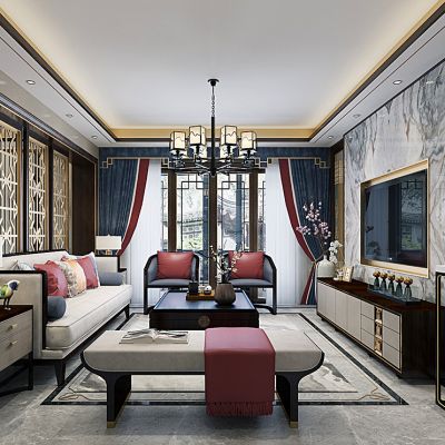 新中式客厅沙发茶几电视柜大型壁灯