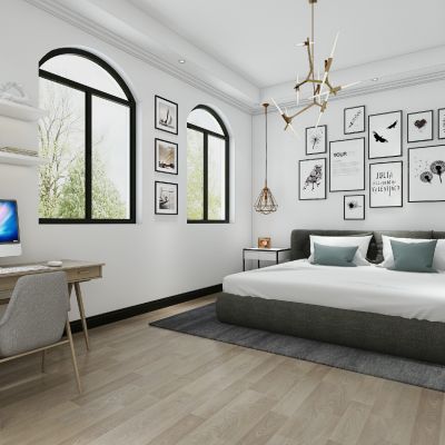 北欧卧室床装饰挂画学习桌写字台