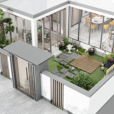 新中式居家庭院，后院露台，阳台景观，绿植树木，青松树，竹子，草皮