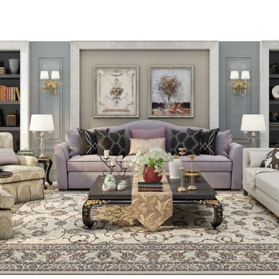 简欧沙发茶几书柜组合